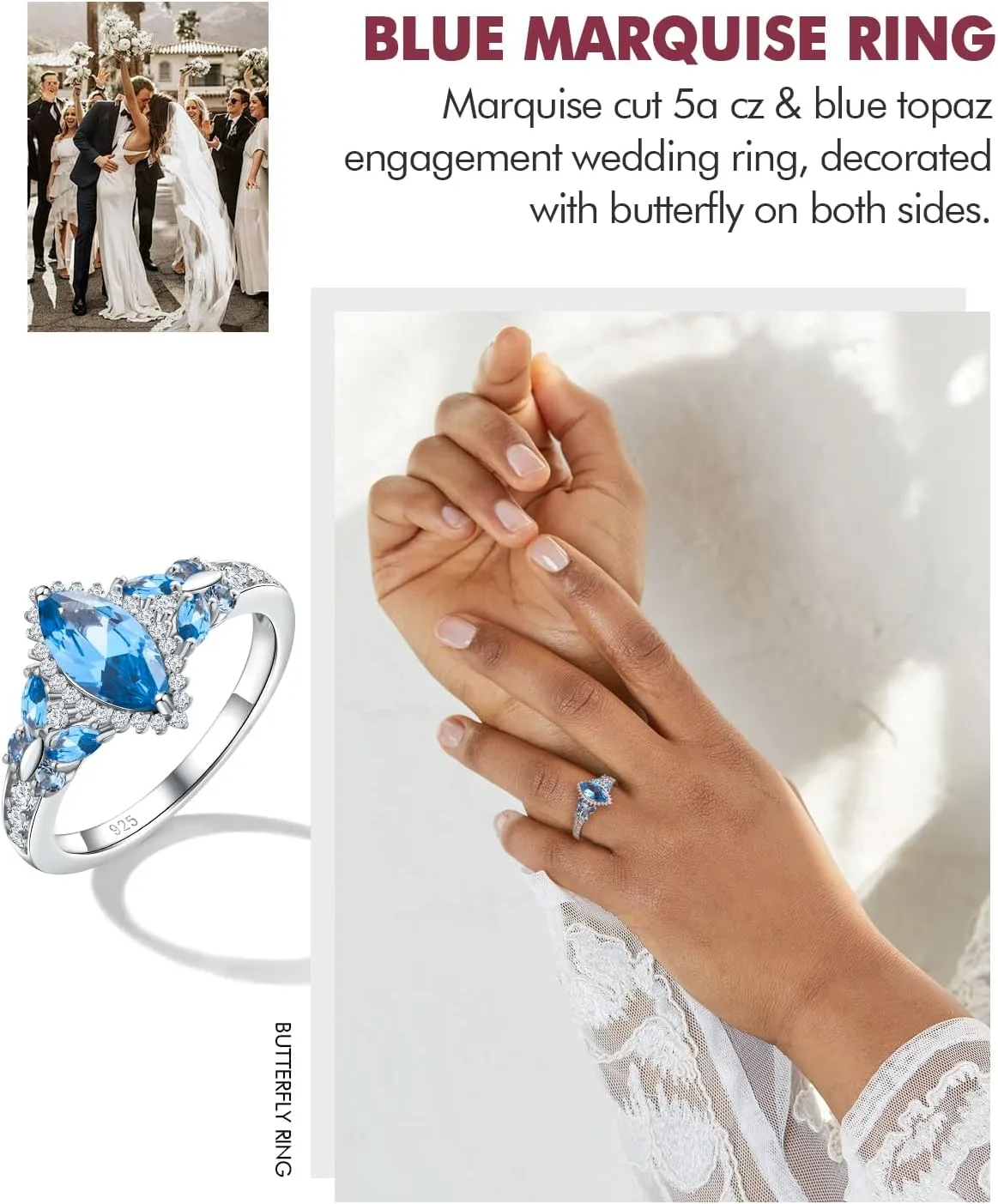 DAYBYDAY Butterfly Birthstone Rings for Women, 925 Sterling Silver Created Gemstone 5A Cubic Zirconia Cushion/Marquise Engagement Ring, 2ct Halo Promise Rings for Her Anniversary Wedding Jewerly