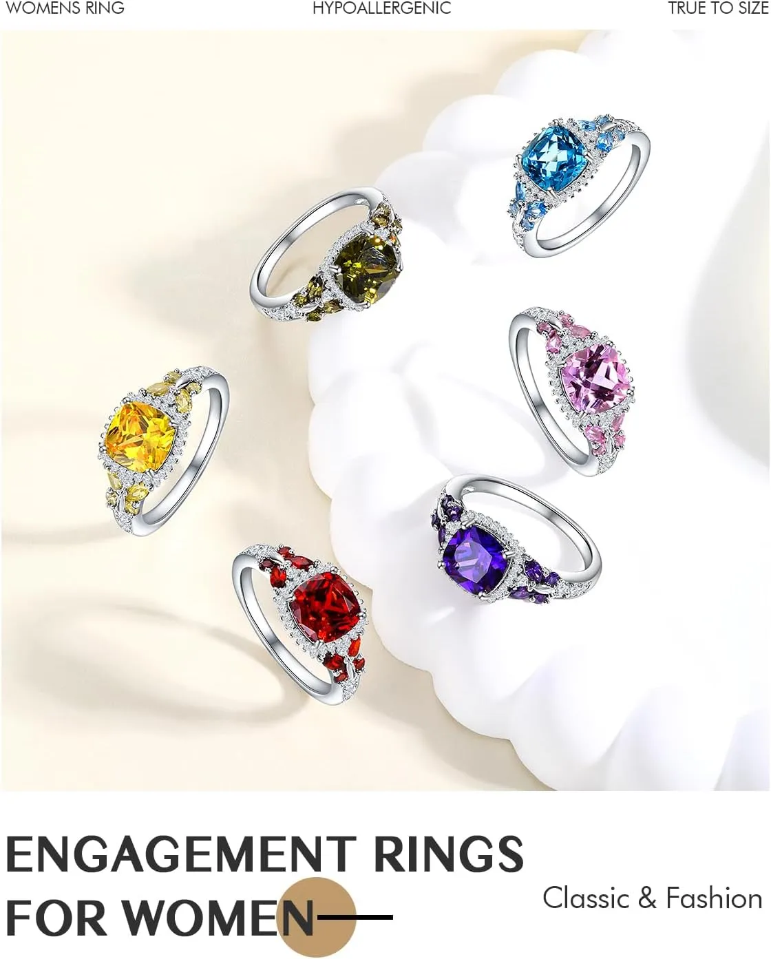 DAYBYDAY Butterfly Birthstone Rings for Women, 925 Sterling Silver Created Gemstone 5A Cubic Zirconia Cushion/Marquise Engagement Ring, 2ct Halo Promise Rings for Her Anniversary Wedding Jewerly