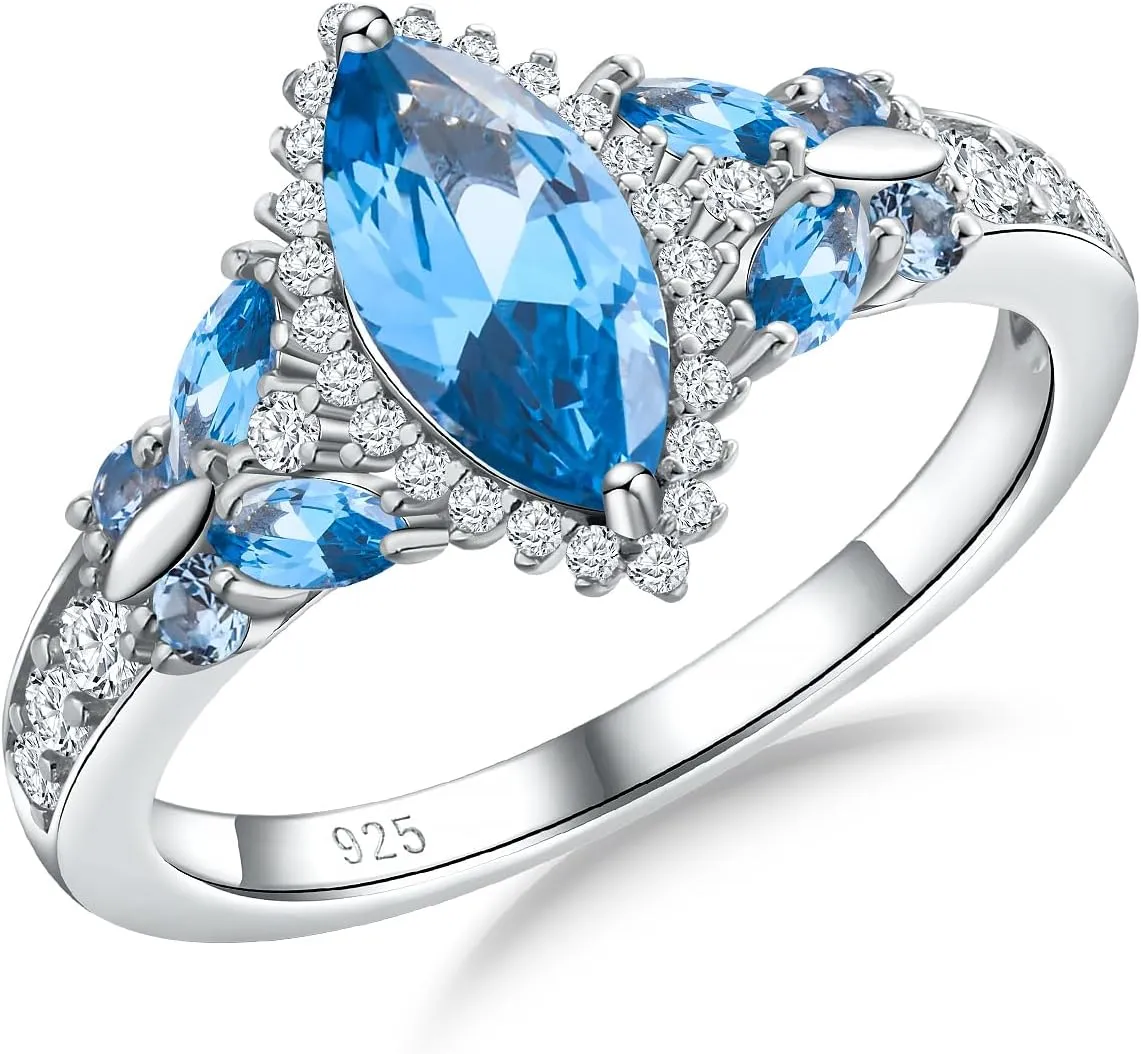 DAYBYDAY Butterfly Birthstone Rings for Women, 925 Sterling Silver Created Gemstone 5A Cubic Zirconia Cushion/Marquise Engagement Ring, 2ct Halo Promise Rings for Her Anniversary Wedding Jewerly