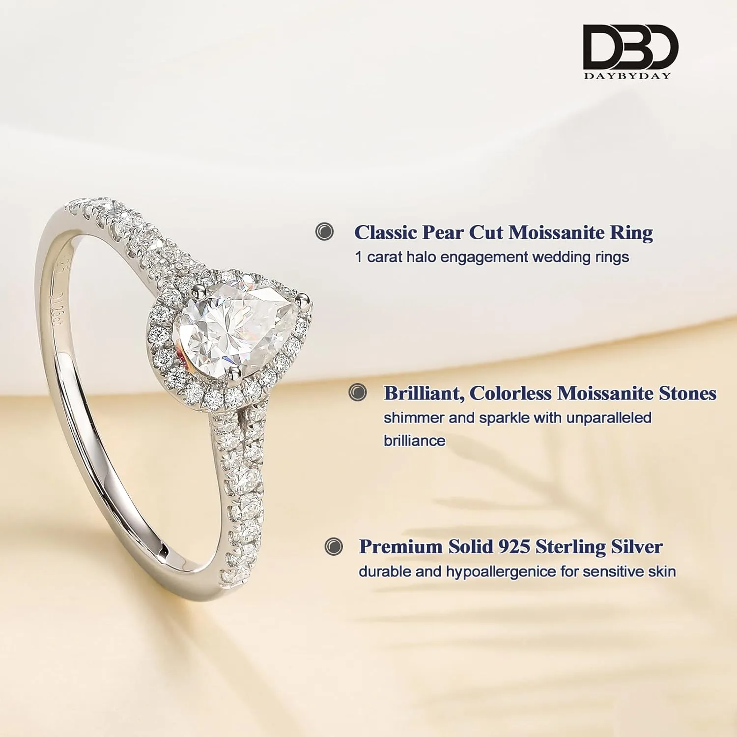 DAYBYDAY Moissanite Rings for Women 925 Sterling Silver Created Diamond Wedding Ring D Color VVS1 Heart/Pear/Cushion/Round Cut Moissanite Engagement Rings Size 6-10