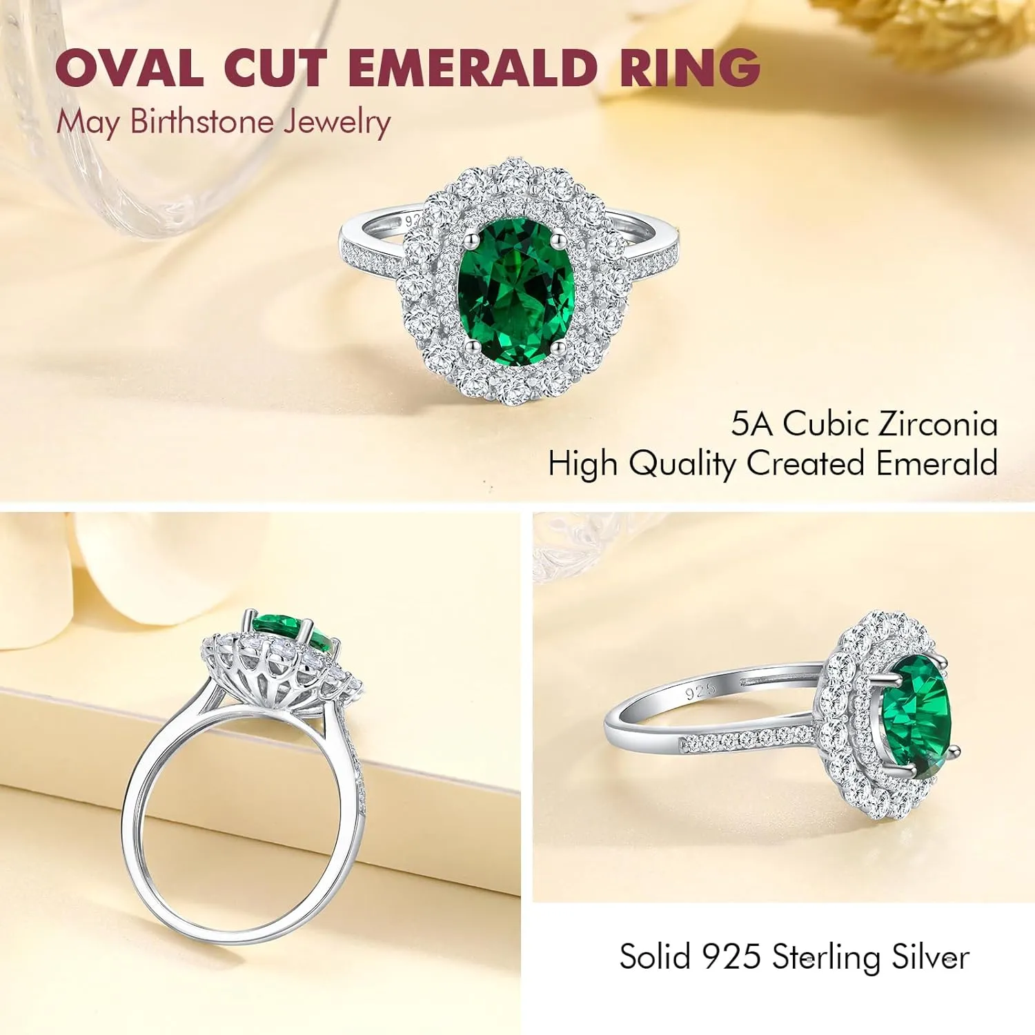 DAYBYDAY Oval Birthstone Rings for Women, 925 Sterling Silve Ruby/Sapphire/Emerald Double Halo Engagement Wedding Ring, 3ct-4ct Big Cockatil Rings