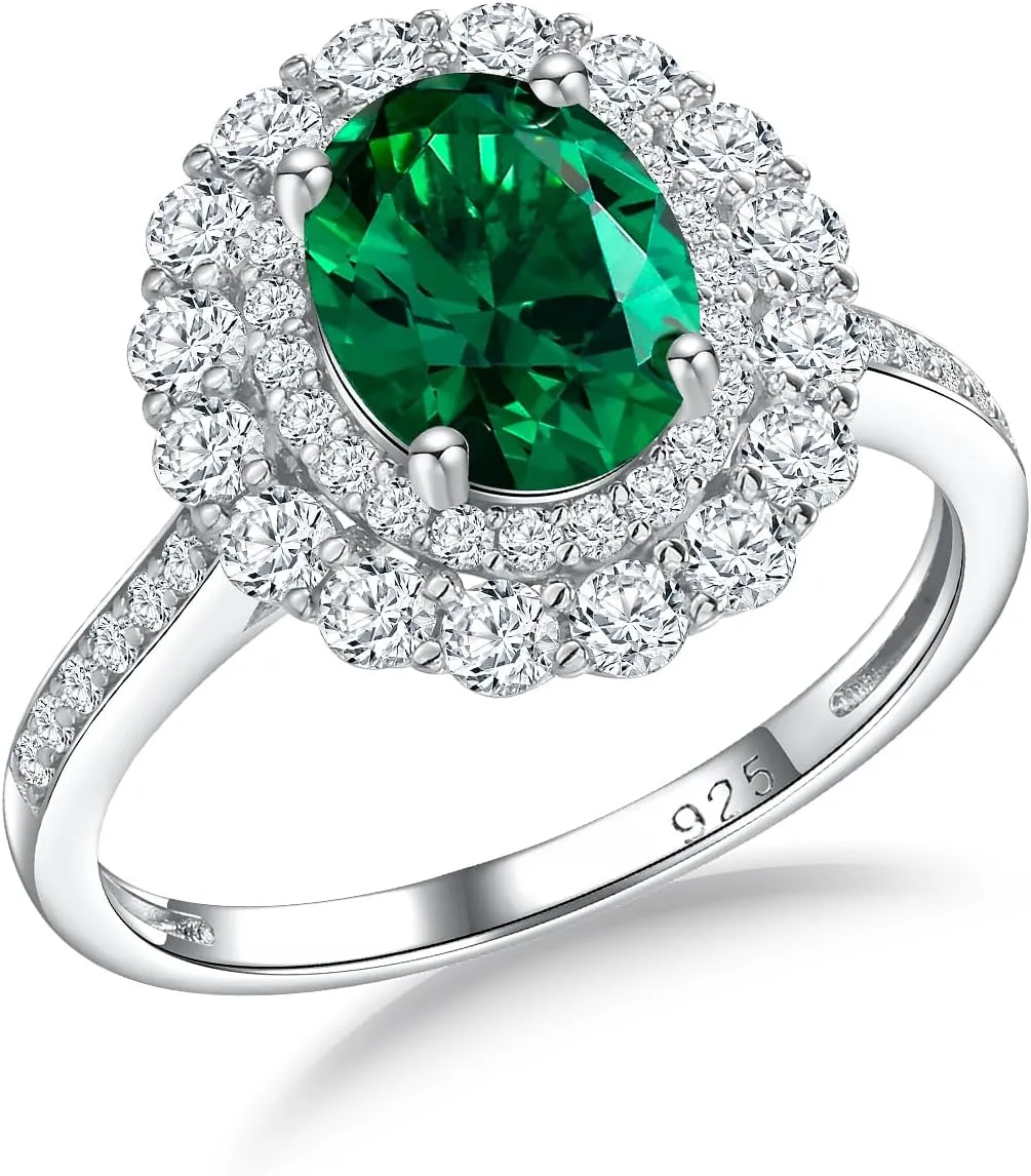 DAYBYDAY Oval Birthstone Rings for Women, 925 Sterling Silve Ruby/Sapphire/Emerald Double Halo Engagement Wedding Ring, 3ct-4ct Big Cockatil Rings