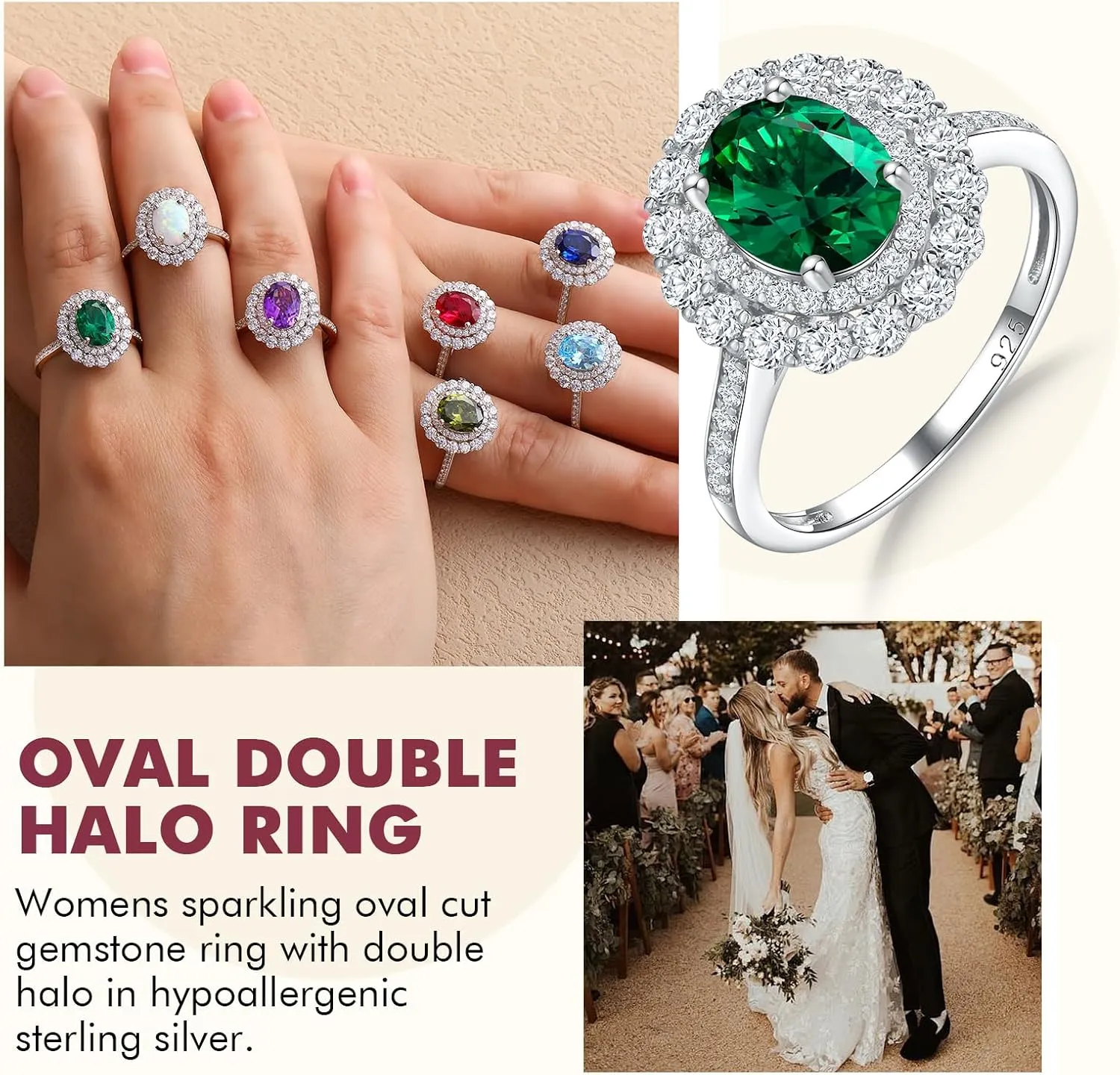 DAYBYDAY Oval Birthstone Rings for Women, 925 Sterling Silve Ruby/Sapphire/Emerald Double Halo Engagement Wedding Ring, 3ct-4ct Big Cockatil Rings