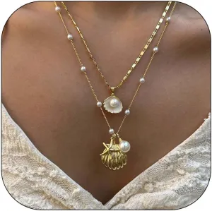 Dcfywl731 Starfish Necklace for Women Gold Shell Pendant Necklaces Seashell Charm Necklace Boho Puka Shell Summer Beach Surfer Jewelry Outfits Accessories