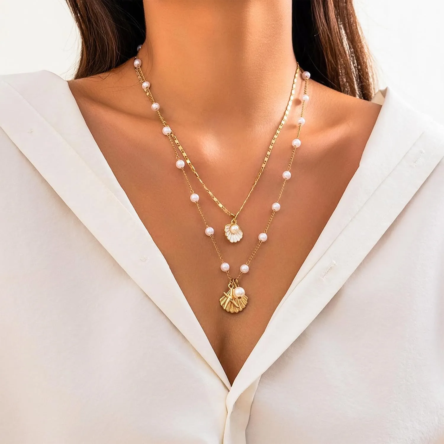 Dcfywl731 Starfish Necklace for Women Gold Shell Pendant Necklaces Seashell Charm Necklace Boho Puka Shell Summer Beach Surfer Jewelry Outfits Accessories