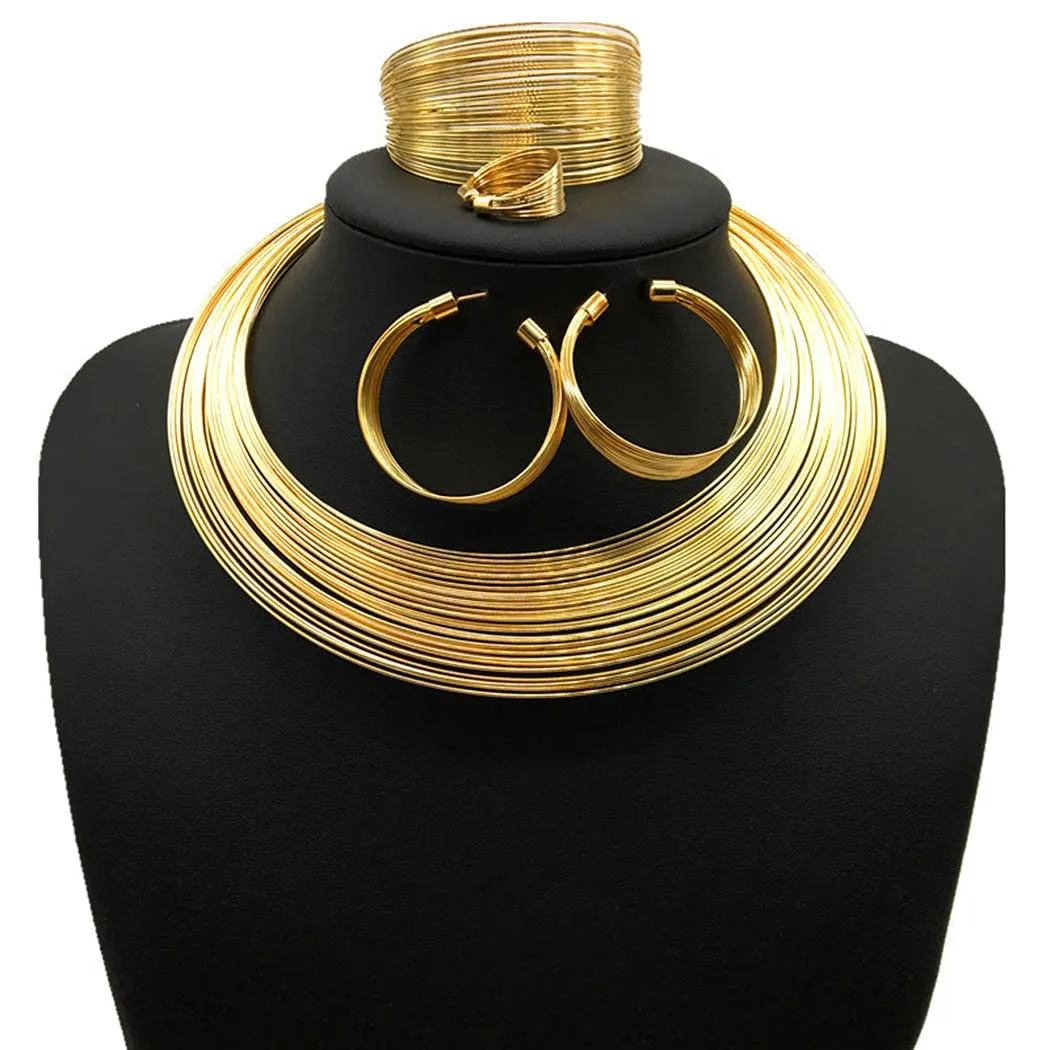 deladola African Choker Necklace Sets Multi-Layer Hoop Gold Plated Bib Choker Earring Bracelet Ring Statement Necklaces for Women (Gold)