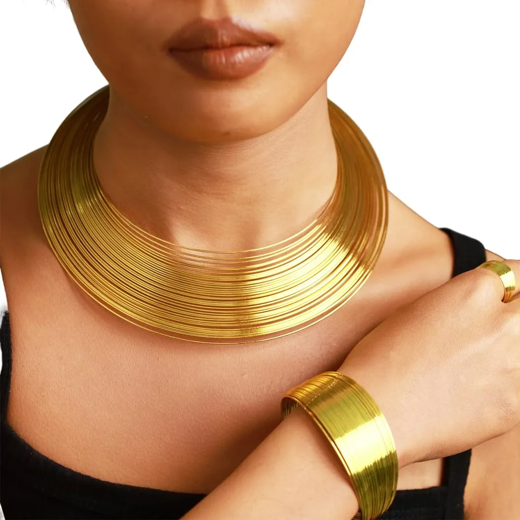 deladola African Choker Necklace Sets Multi-Layer Hoop Gold Plated Bib Choker Earring Bracelet Ring Statement Necklaces for Women (Gold)