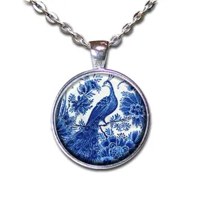 Delft Dutch Design Pottery Blue White Peacock Handmade ROUND Glass Pendant Necklace Jewelry (18, Bright Silver)