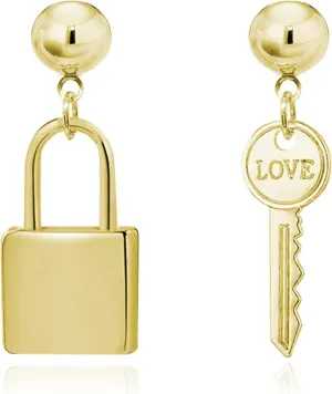 Delicate CuteAsymmetric Key Lock Shape Dangle Drop Earrings Gold Minimalist Geometric Stud Earring for Women Girls Statement Jewelry Gifts