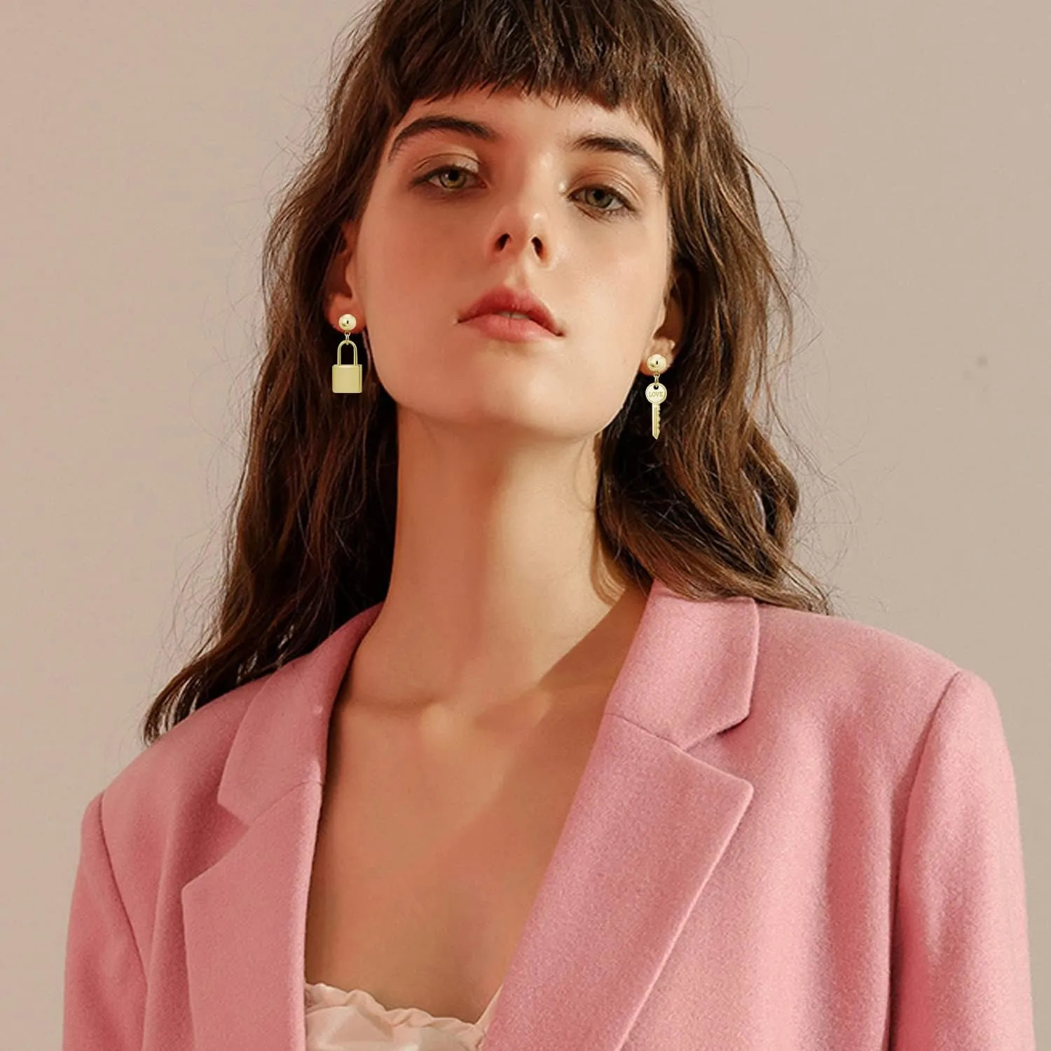 Delicate CuteAsymmetric Key Lock Shape Dangle Drop Earrings Gold Minimalist Geometric Stud Earring for Women Girls Statement Jewelry Gifts