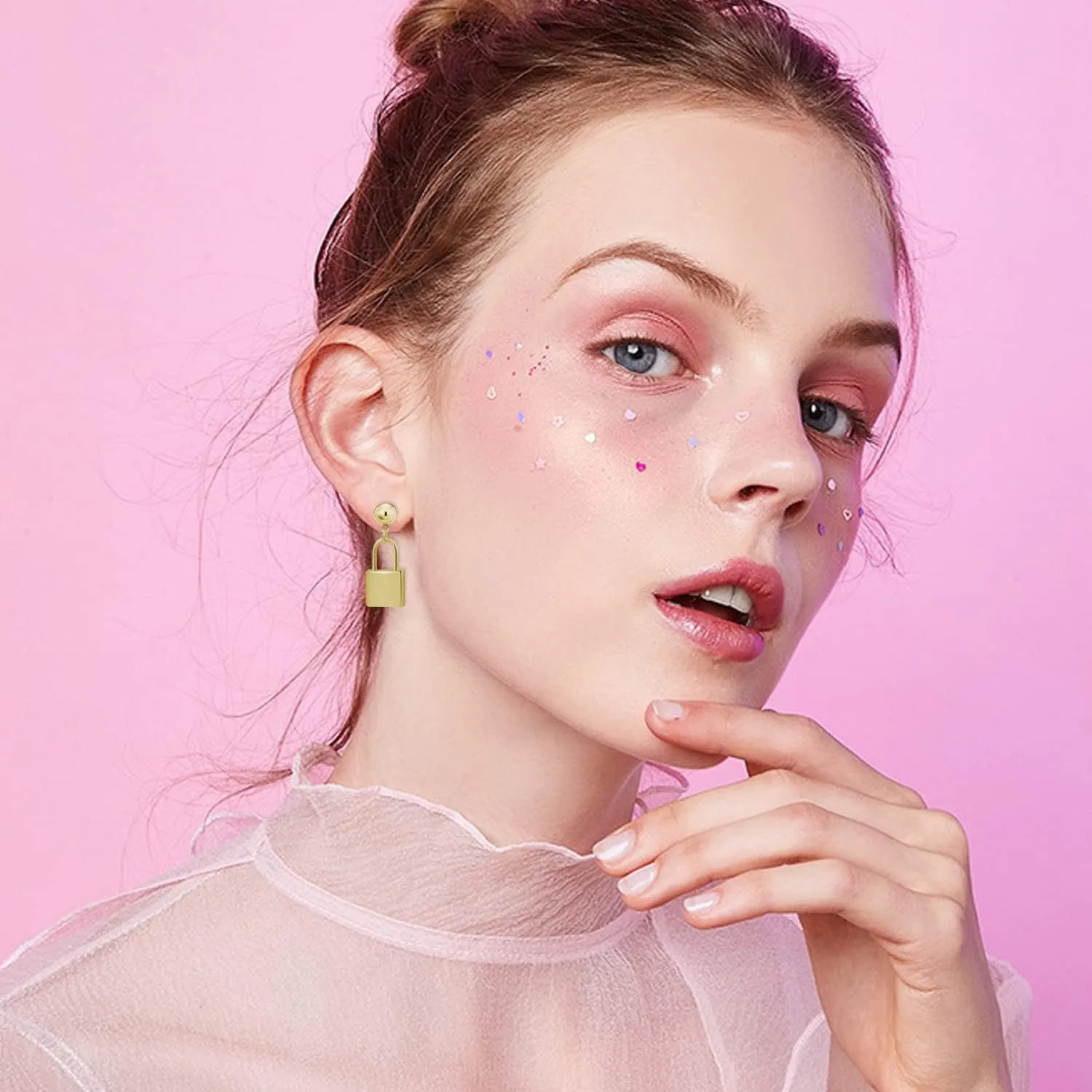 Delicate CuteAsymmetric Key Lock Shape Dangle Drop Earrings Gold Minimalist Geometric Stud Earring for Women Girls Statement Jewelry Gifts