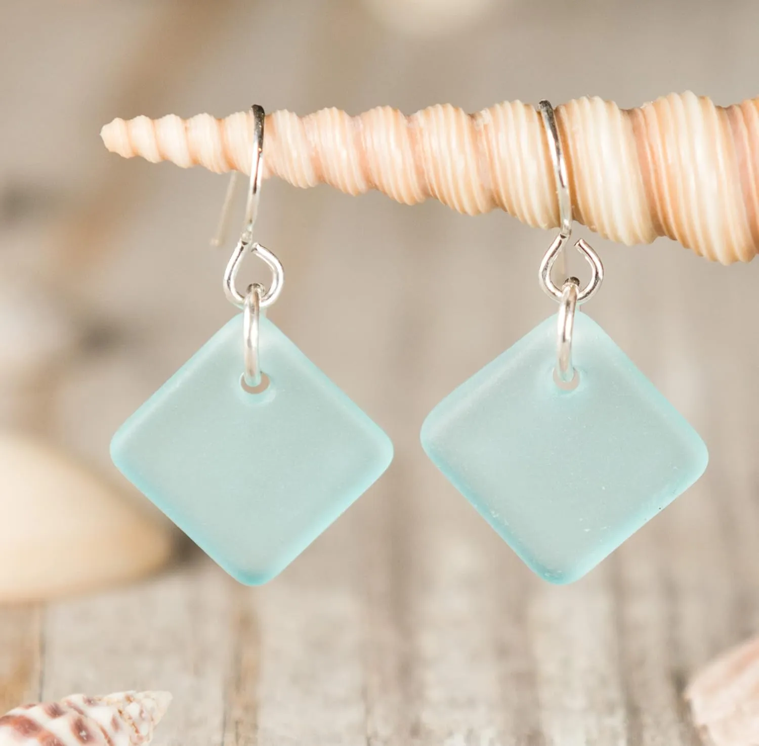 Delicate Diamond Sea Glass Earrings (Ocean) Beach Glass Earrings for Women by EcoSeaCo, using sustainable, recycled and repurposed material. Handmade Jewelry in the USA