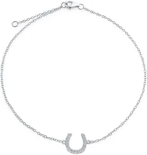 Delicate Pave CZ Accent Equestrian Horseshoe Anklet Lucky Charm Anklet Bracelet Western Jewelry For Women Teen Gold Plated .925 Sterling Silver 9-10 Inch