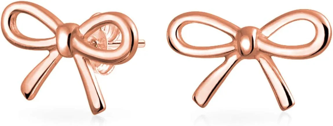 Delicate Simple Dainty Twist Rope Cable Ribbon Birthday Present Bow Stud Earrings Pendant For Women Teens Rose Gold Plated .925 Sterling Silver
