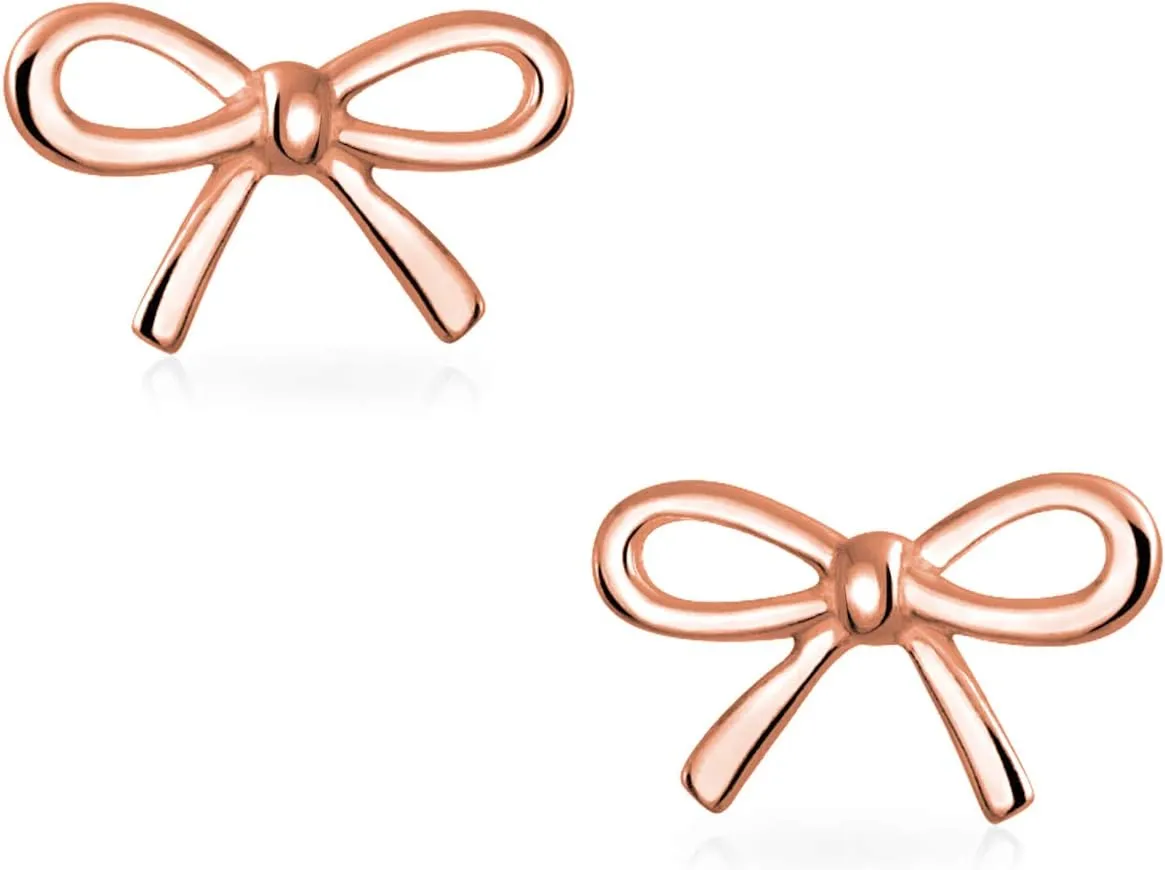 Delicate Simple Dainty Twist Rope Cable Ribbon Birthday Present Bow Stud Earrings Pendant For Women Teens Rose Gold Plated .925 Sterling Silver