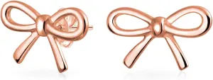 Delicate Simple Dainty Twist Rope Cable Ribbon Birthday Present Bow Stud Earrings Pendant For Women Teens Rose Gold Plated .925 Sterling Silver