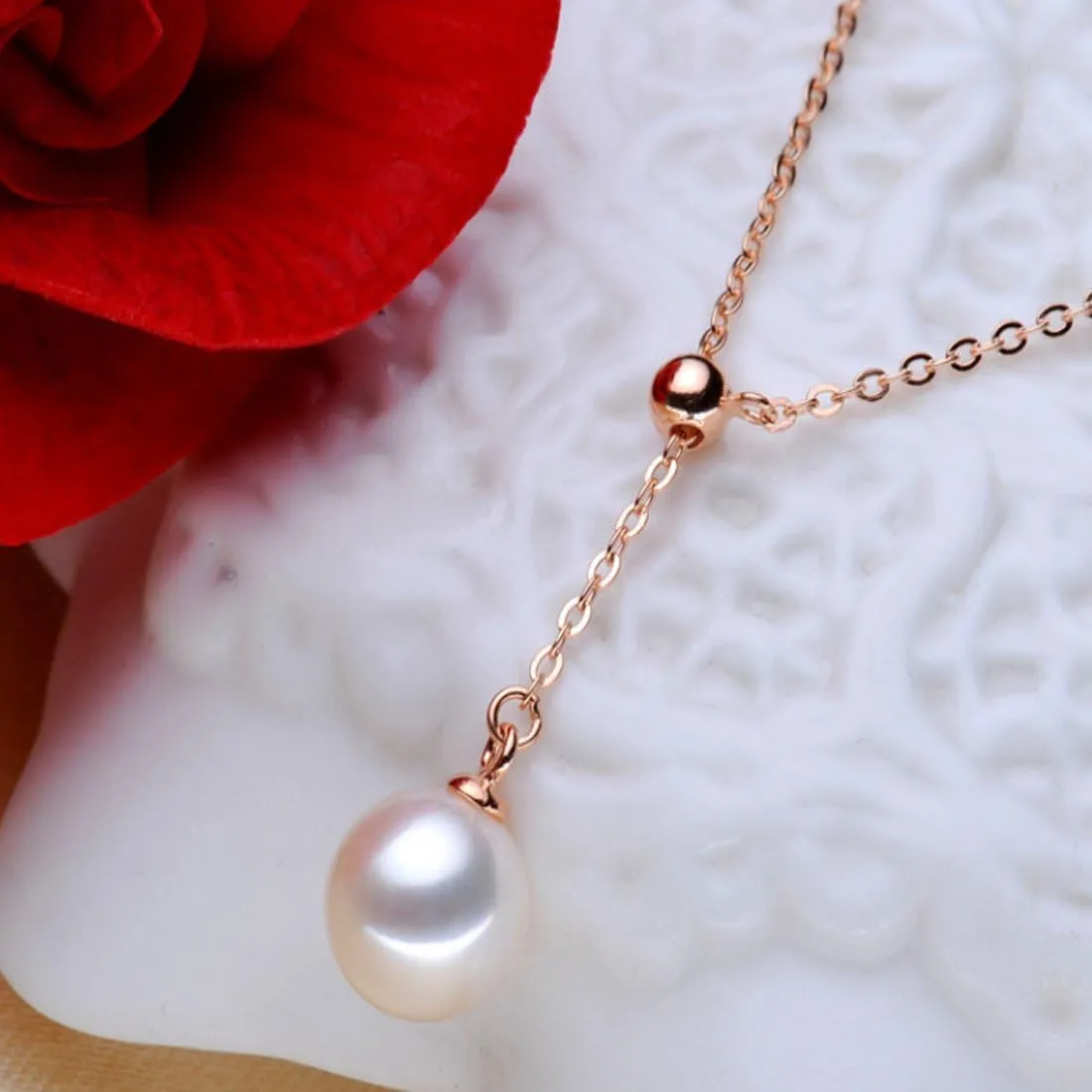 Delicate Single Natural Pearl Lariat Necklace Pearl Drop Y shaped Rose Gold Necklace Wedding Jewelry Mother`s day Bridesmaid Gifts