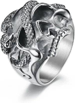 Demon Skull Head Ring, Gothic Snake Animal Skull Ring for Men, Punk Skull Head Halloween Ring Devil Skull Jewelry, Hip Hop Skull Snake Ring Cool Skull Cocktail Party Ring Pirate Skull Ring for mens