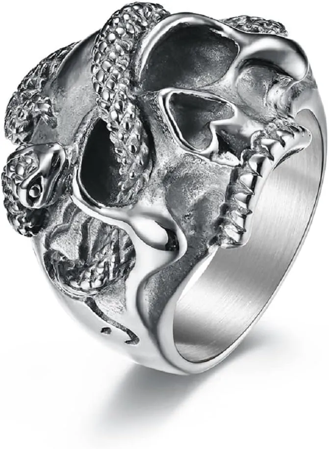 Demon Skull Head Ring, Gothic Snake Animal Skull Ring for Men, Punk Skull Head Halloween Ring Devil Skull Jewelry, Hip Hop Skull Snake Ring Cool Skull Cocktail Party Ring Pirate Skull Ring for mens