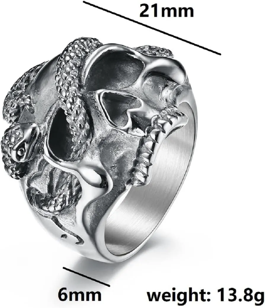 Demon Skull Head Ring, Gothic Snake Animal Skull Ring for Men, Punk Skull Head Halloween Ring Devil Skull Jewelry, Hip Hop Skull Snake Ring Cool Skull Cocktail Party Ring Pirate Skull Ring for mens