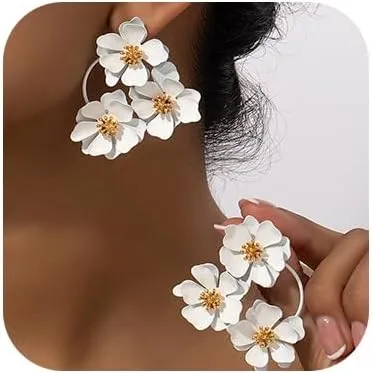 Denifery Unique Boho Flower Dangle Earrings Exaggerated Multiple Floral Petal Drop Dangle Earrings Statement Stud Earring for Women Jewelry