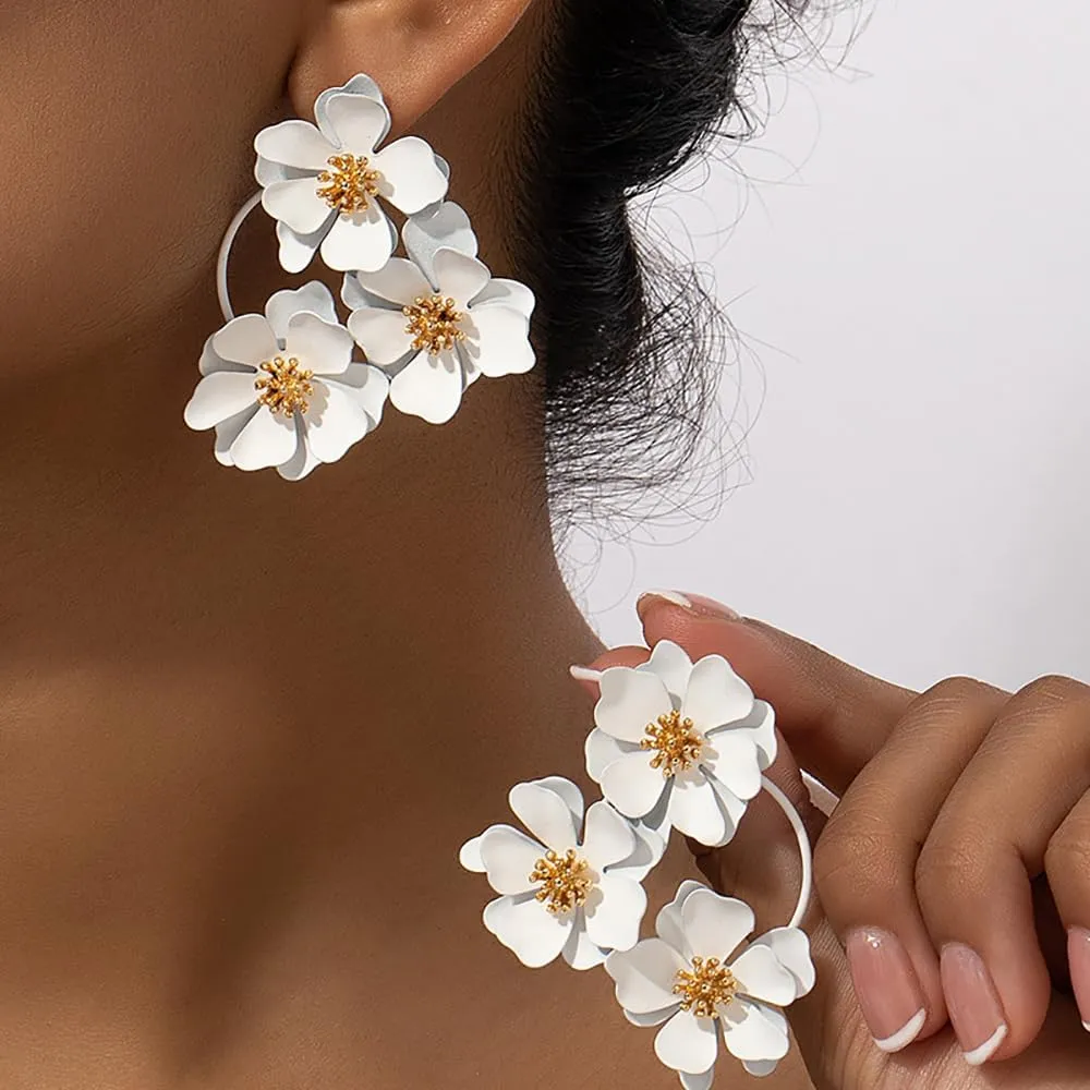 Denifery Unique Boho Flower Dangle Earrings Exaggerated Multiple Floral Petal Drop Dangle Earrings Statement Stud Earring for Women Jewelry
