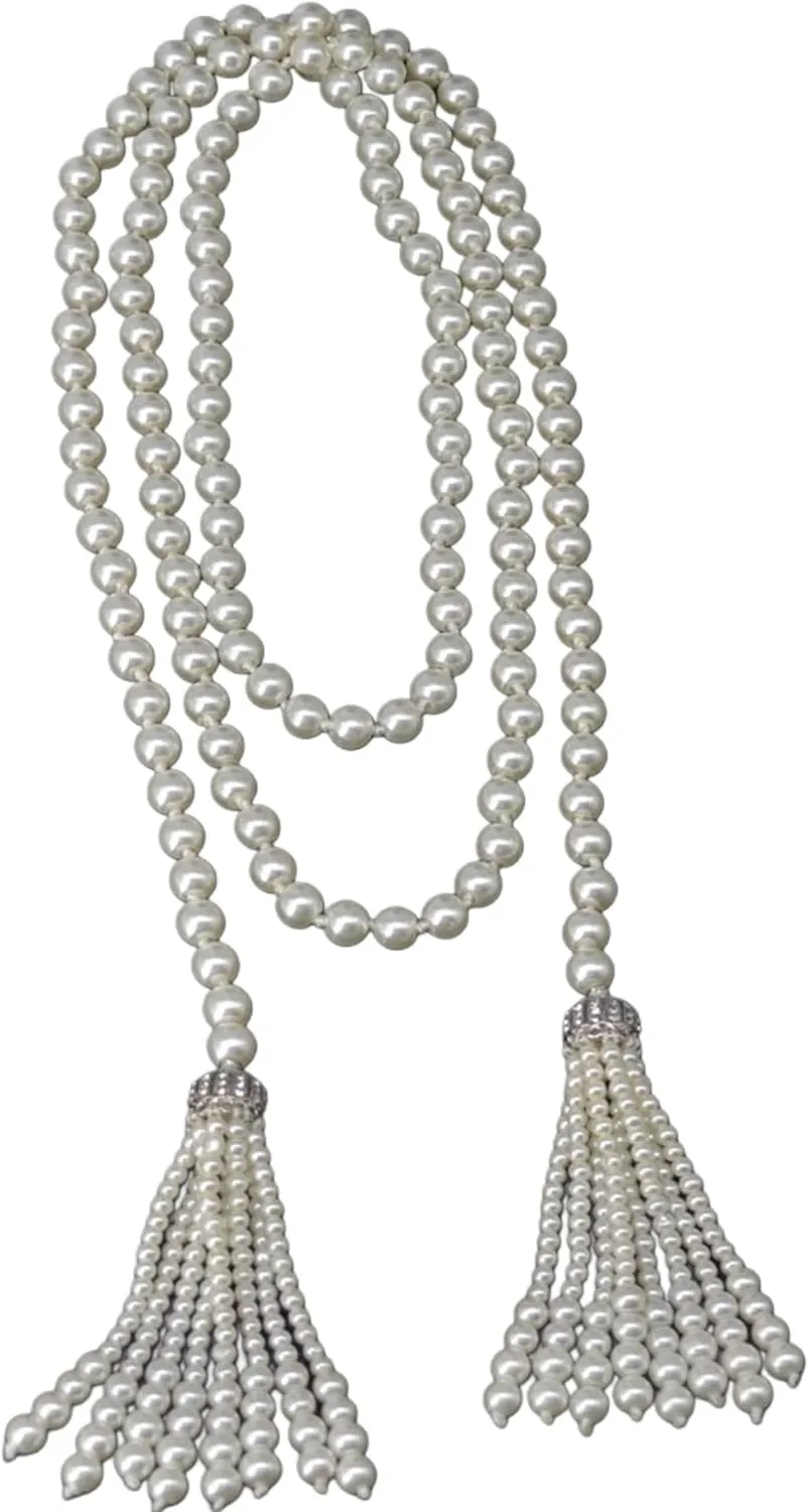 Designer Imitation Long Faux Pearl Strand Camellia Flower Layered Necklace, Dainty Multiple Strands Pendant for Women, Vintage Costume Jewelry (GatsbyThemed Necklace)