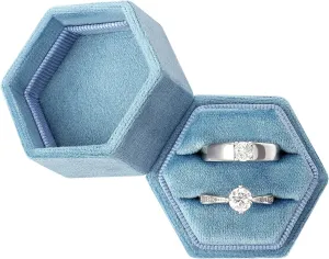 DesignSter Hexagon Velvet Ring Bearer Box - Premium Gorgeous Vintage Double Ring Display Holder with Detachable Lid for Proposal, Engagement, Wedding, Ceremony (Dark Blue)