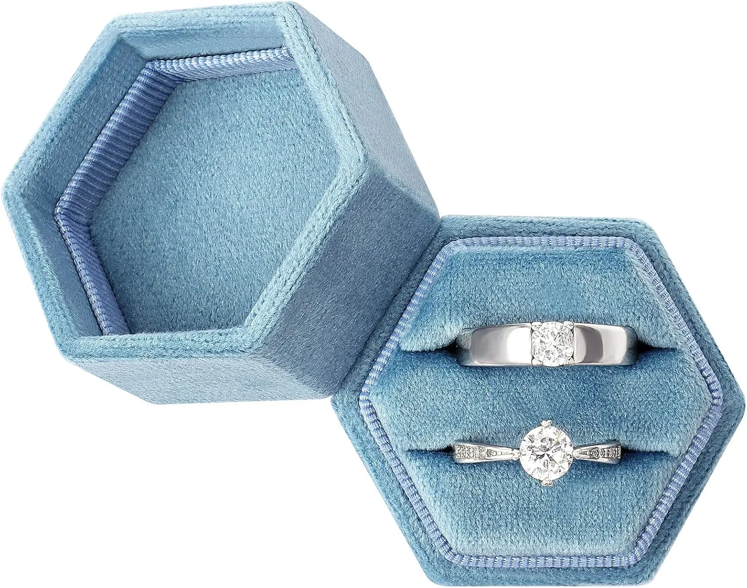DesignSter Hexagon Velvet Ring Bearer Box - Premium Gorgeous Vintage Double Ring Display Holder with Detachable Lid for Proposal, Engagement, Wedding, Ceremony (Dark Blue)