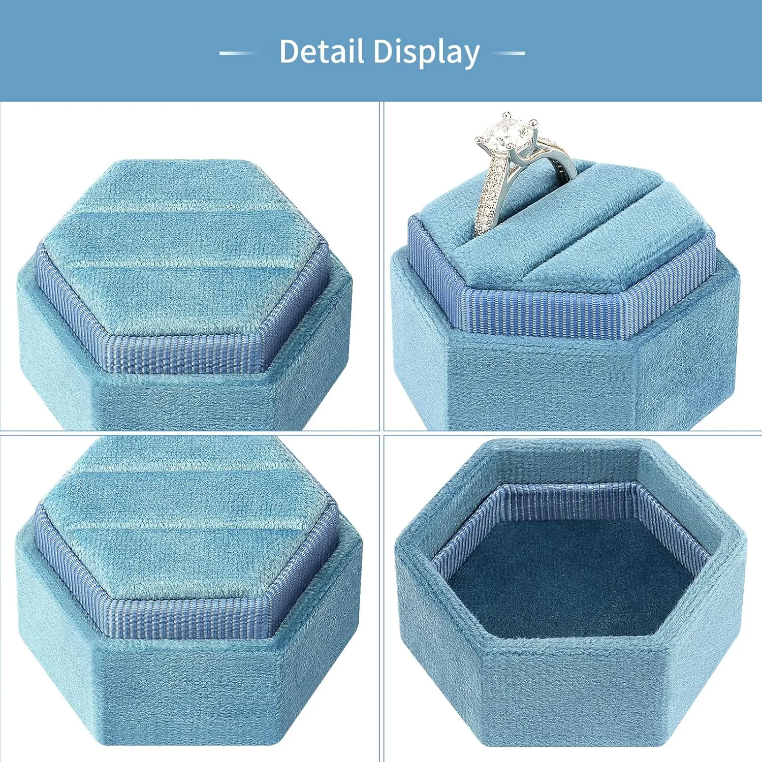 DesignSter Hexagon Velvet Ring Bearer Box - Premium Gorgeous Vintage Double Ring Display Holder with Detachable Lid for Proposal, Engagement, Wedding, Ceremony (Dark Blue)