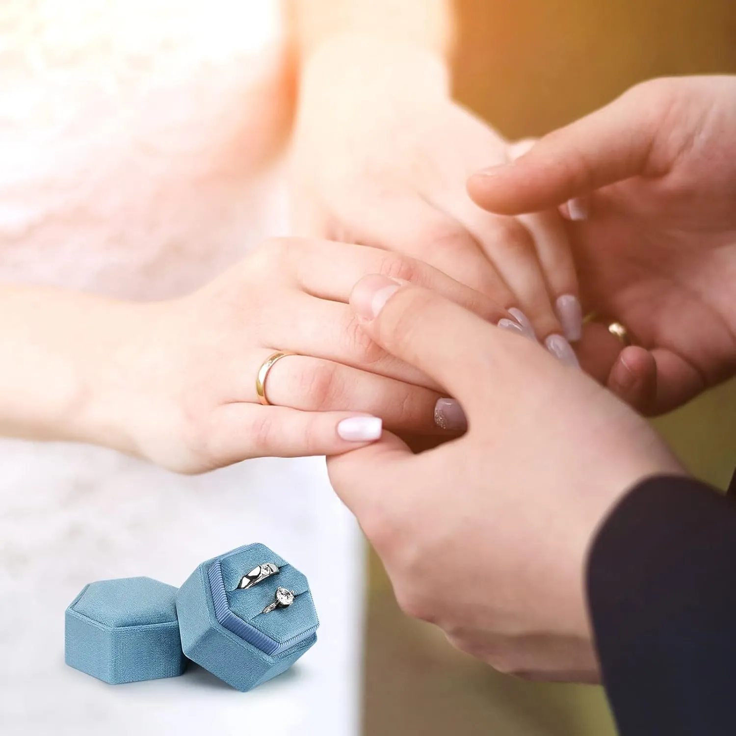 DesignSter Hexagon Velvet Ring Bearer Box - Premium Gorgeous Vintage Double Ring Display Holder with Detachable Lid for Proposal, Engagement, Wedding, Ceremony (Dark Blue)