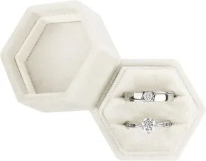 DesignSter Hexagon Velvet Ring Box - Premium Gorgeous Vintage Double Ring Display Holder with Detachable Lid for Proposal, Engagement, Wedding, Ceremony (Beige)