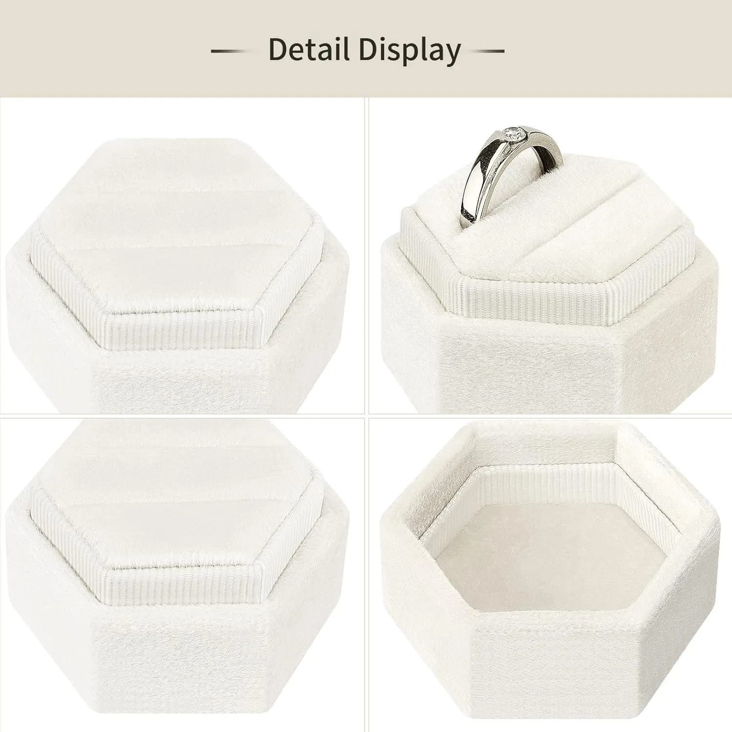 DesignSter Hexagon Velvet Ring Box - Premium Gorgeous Vintage Double Ring Display Holder with Detachable Lid for Proposal, Engagement, Wedding, Ceremony (Beige)