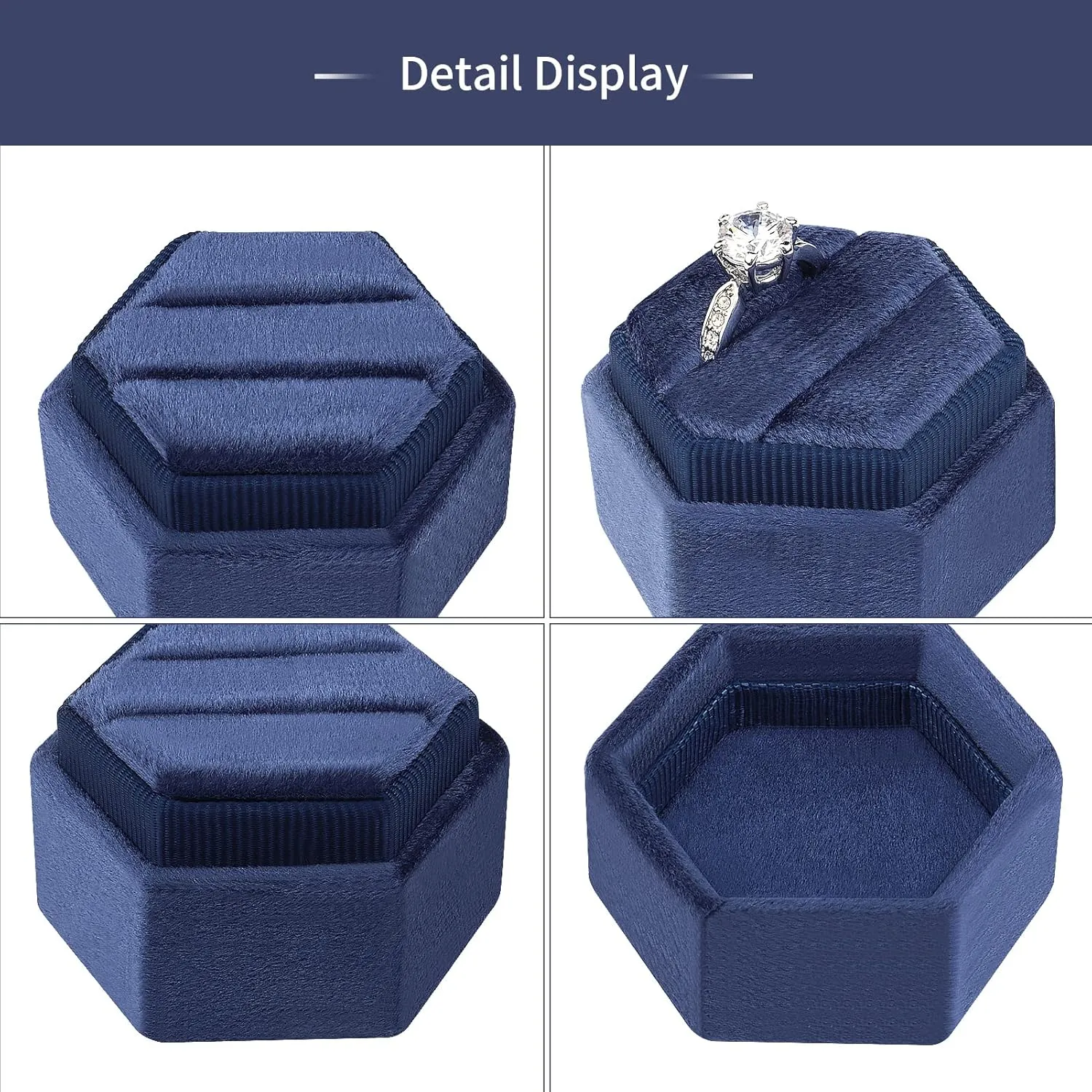DesignSter Hexagon Velvet Ring Box - Premium Gorgeous Vintage Double Ring Display Holder with Detachable Lid for Proposal, Engagement, Wedding, Ceremony(Blue Fog)