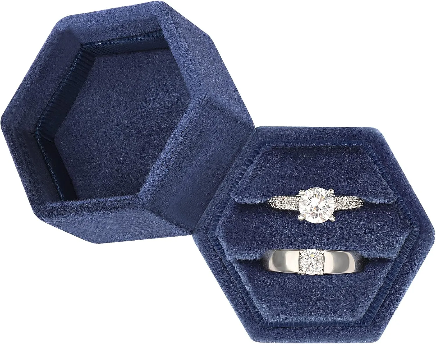 DesignSter Hexagon Velvet Ring Box - Premium Gorgeous Vintage Double Ring Display Holder with Detachable Lid for Proposal, Engagement, Wedding, Ceremony(Blue Fog)