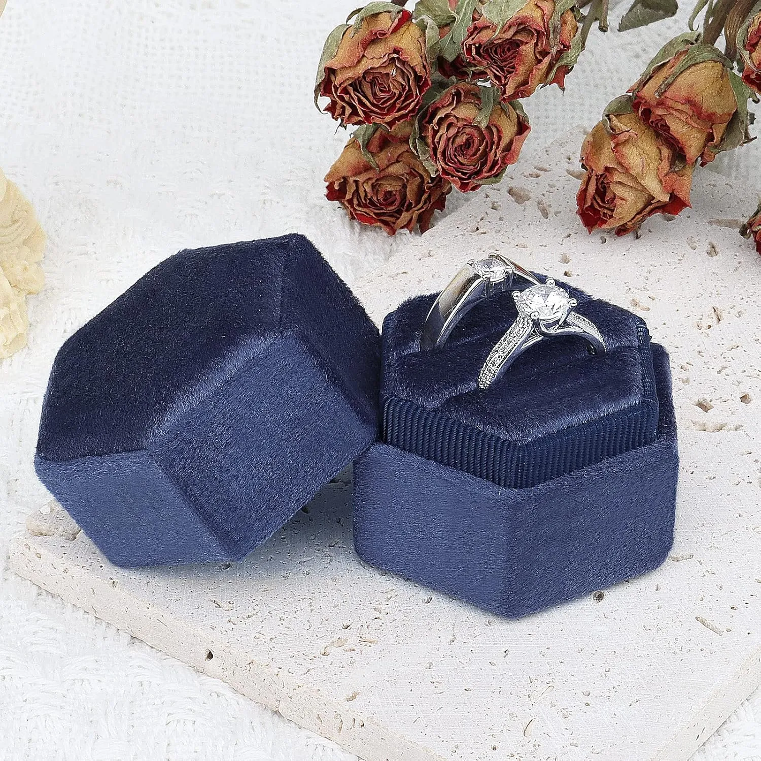DesignSter Hexagon Velvet Ring Box - Premium Gorgeous Vintage Double Ring Display Holder with Detachable Lid for Proposal, Engagement, Wedding, Ceremony(Blue Fog)