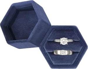 DesignSter Hexagon Velvet Ring Box - Premium Gorgeous Vintage Double Ring Display Holder with Detachable Lid for Proposal, Engagement, Wedding, Ceremony(Blue Fog)