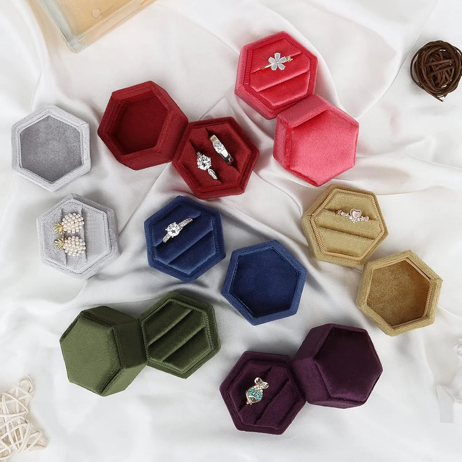 DesignSter Hexagon Velvet Ring Box - Premium Gorgeous Vintage Double Ring Display Holder with Detachable Lid for Proposal, Engagement, Wedding, Ceremony(Blue Fog)