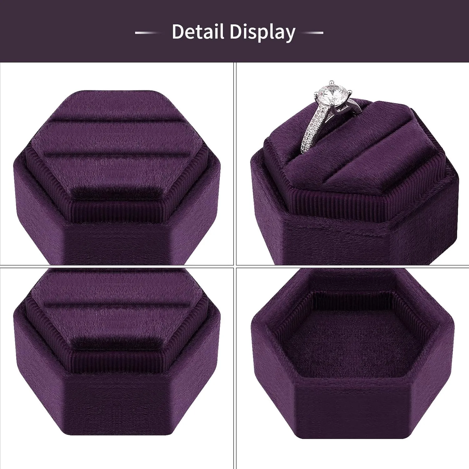 DesignSter Hexagon Velvet Ring Box - Premium Gorgeous Vintage Double Ring Display Holder with Detachable Lid for Proposal, Engagement, Wedding, Ceremony(Deep purple)
