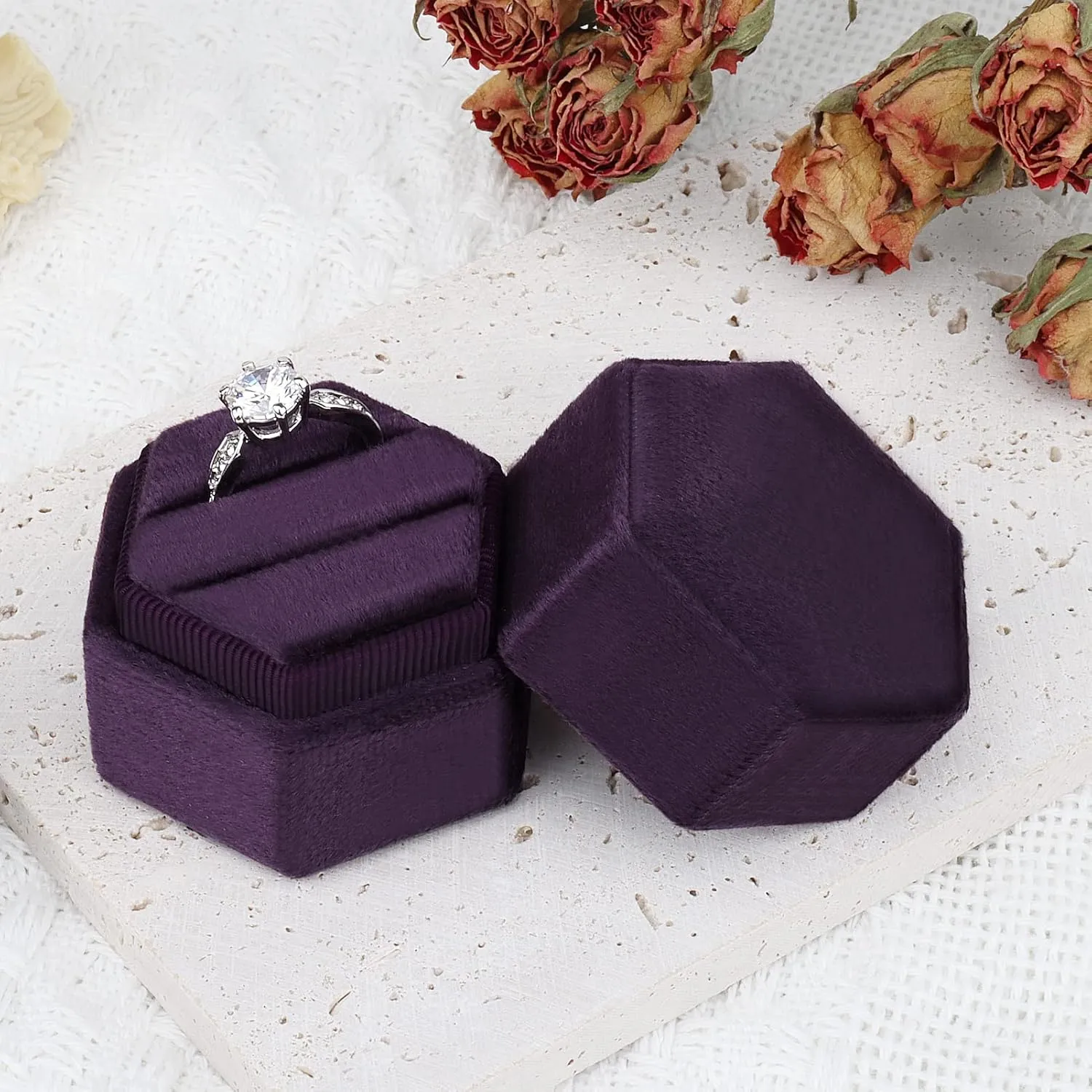 DesignSter Hexagon Velvet Ring Box - Premium Gorgeous Vintage Double Ring Display Holder with Detachable Lid for Proposal, Engagement, Wedding, Ceremony(Deep purple)