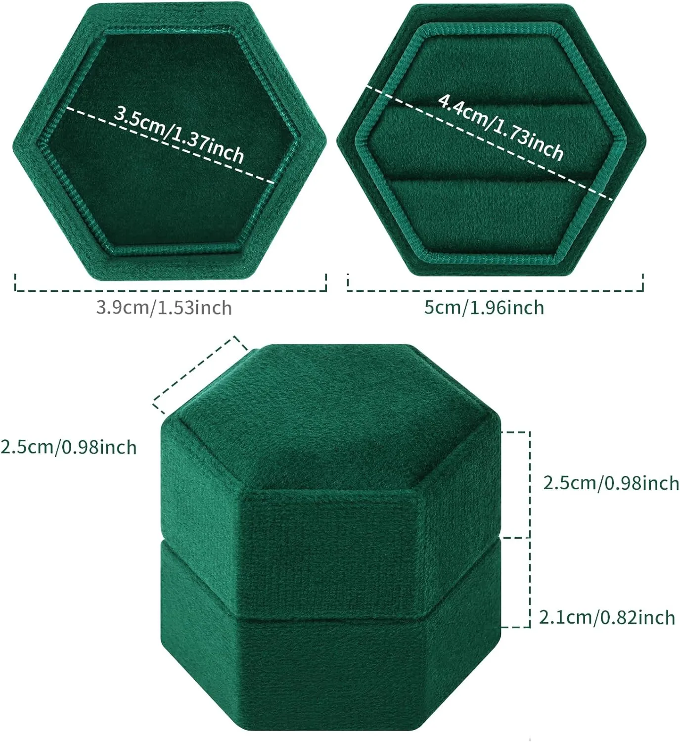 DesignSter Hexagon Velvet Ring Box - Premium Gorgeous Vintage Double Ring Display Holder with Detachable Lid Ring Bearer Box or Proposal, Engagement, Wedding, Ceremony Emerald