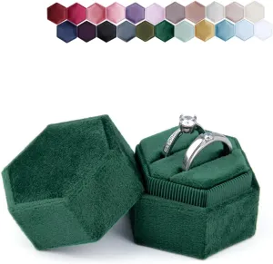 DesignSter Hexagon Velvet Ring Box - Premium Gorgeous Vintage Double Ring Display Holder with Detachable Lid Ring Bearer Box or Proposal, Engagement, Wedding, Ceremony Emerald