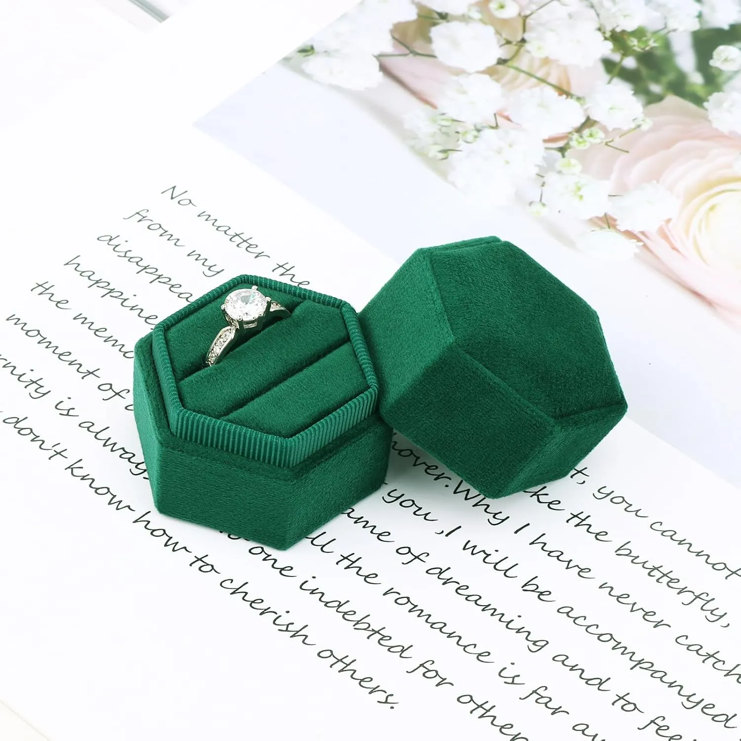 DesignSter Hexagon Velvet Ring Box - Premium Gorgeous Vintage Double Ring Display Holder with Detachable Lid Ring Bearer Box or Proposal, Engagement, Wedding, Ceremony Emerald