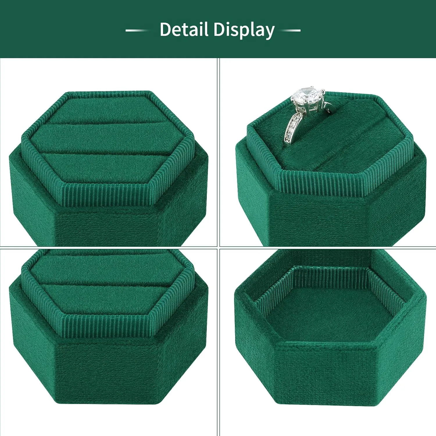 DesignSter Hexagon Velvet Ring Box - Premium Gorgeous Vintage Double Ring Display Holder with Detachable Lid Ring Bearer Box or Proposal, Engagement, Wedding, Ceremony Emerald
