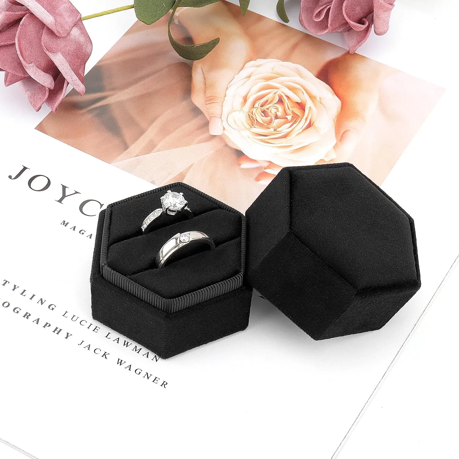 DesignSter Velvet Jewelry Ring Box,2 Slots Jewelry Ring Gift Box Vintage Ring Display Holder with Detachable Lid for Proposal, Engagement, Wedding, Ceremony(Black)