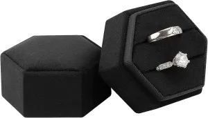 DesignSter Velvet Jewelry Ring Box,2 Slots Jewelry Ring Gift Box Vintage Ring Display Holder with Detachable Lid for Proposal, Engagement, Wedding, Ceremony(Black)