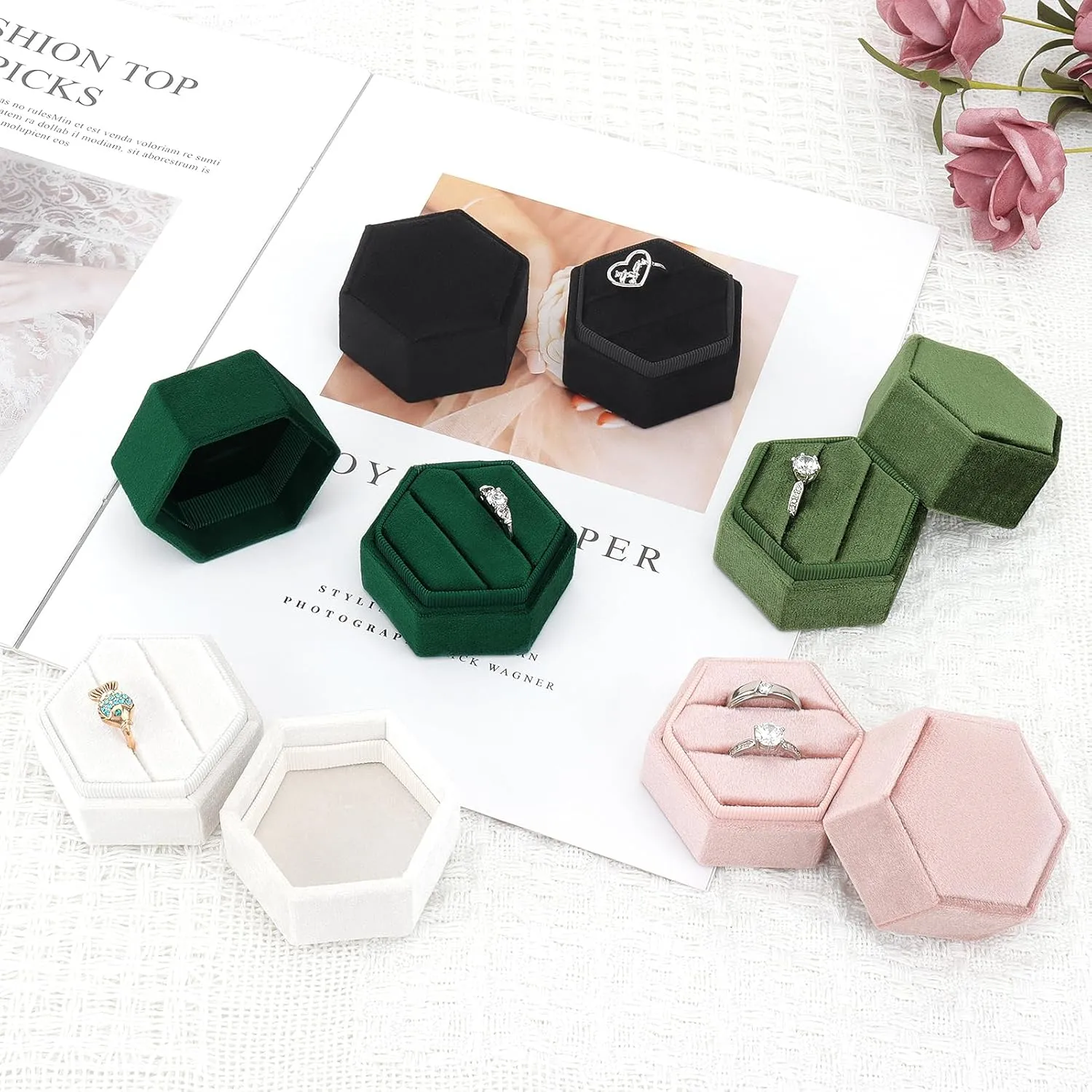 DesignSter Velvet Jewelry Ring Box,2 Slots Jewelry Ring Gift Box Vintage Ring Display Holder with Detachable Lid for Proposal, Engagement, Wedding, Ceremony(Black)