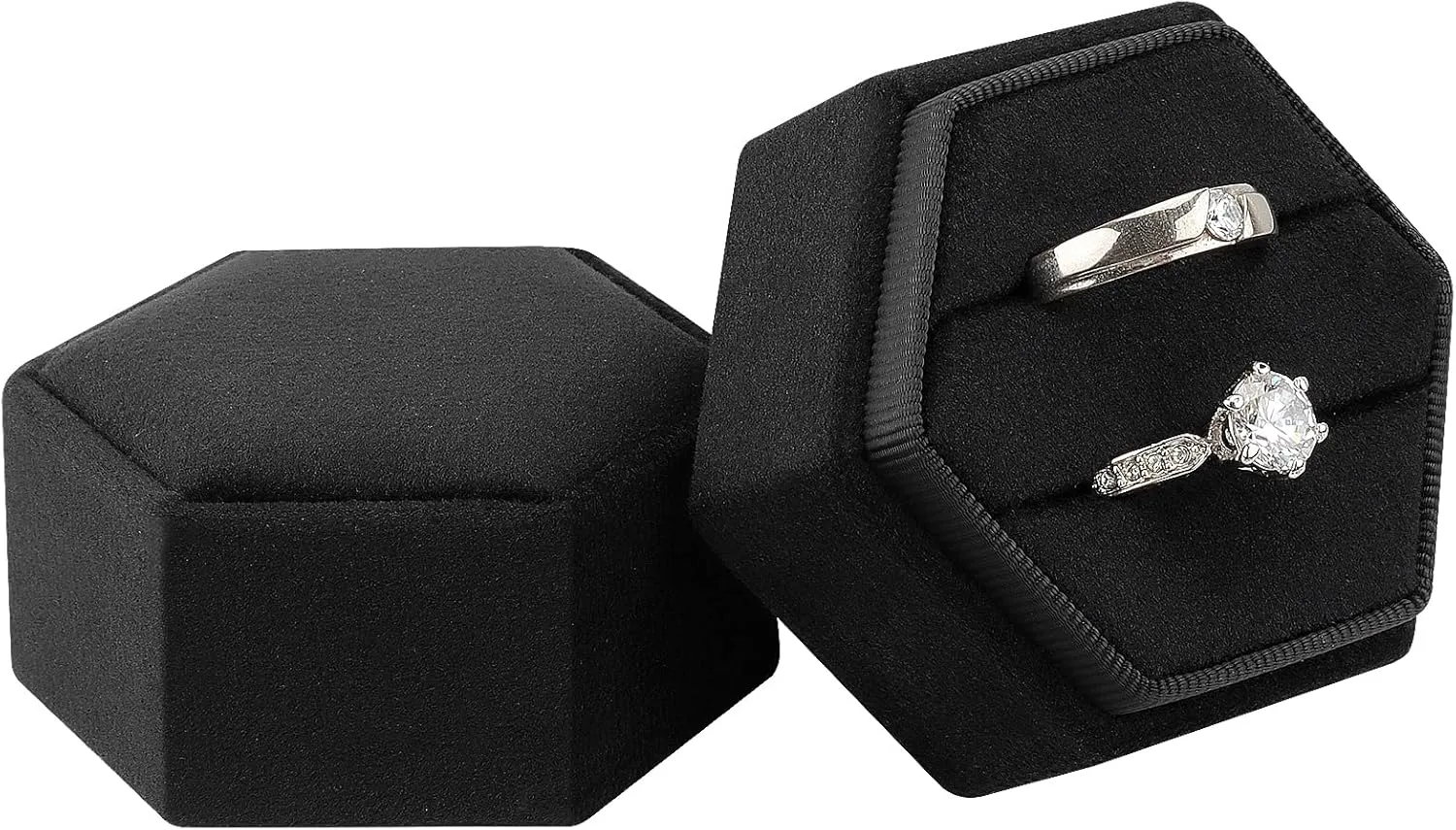 DesignSter Velvet Jewelry Ring Box,2 Slots Jewelry Ring Gift Box Vintage Ring Display Holder with Detachable Lid for Proposal, Engagement, Wedding, Ceremony(Black)