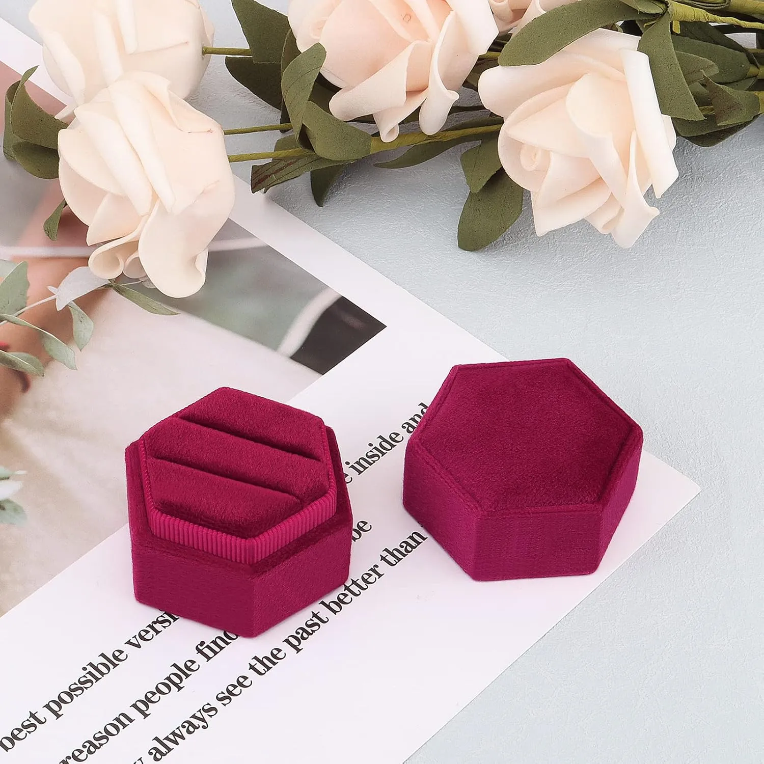 DesignSter Velvet Ring Box Hexagon - Premium Gorgeous Vintage Double Ring Display Holder with Detachable Lid for Proposal, Engagement, Wedding, Ceremony (Burgundy Red)
