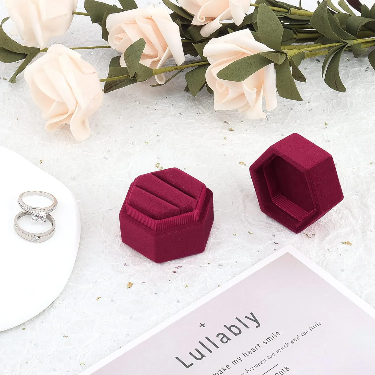 DesignSter Velvet Ring Box Hexagon - Premium Gorgeous Vintage Double Ring Display Holder with Detachable Lid for Proposal, Engagement, Wedding, Ceremony (Burgundy Red)
